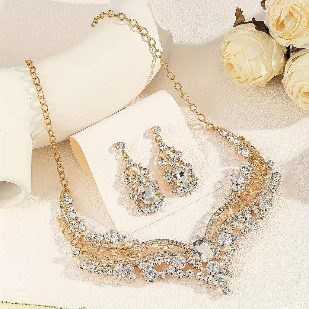 Elegant Vintage-Inspired Necklace and Earrings Set, Rhinestones, Versatile Fashion Jewelry for Daily Wear and Special Occasions