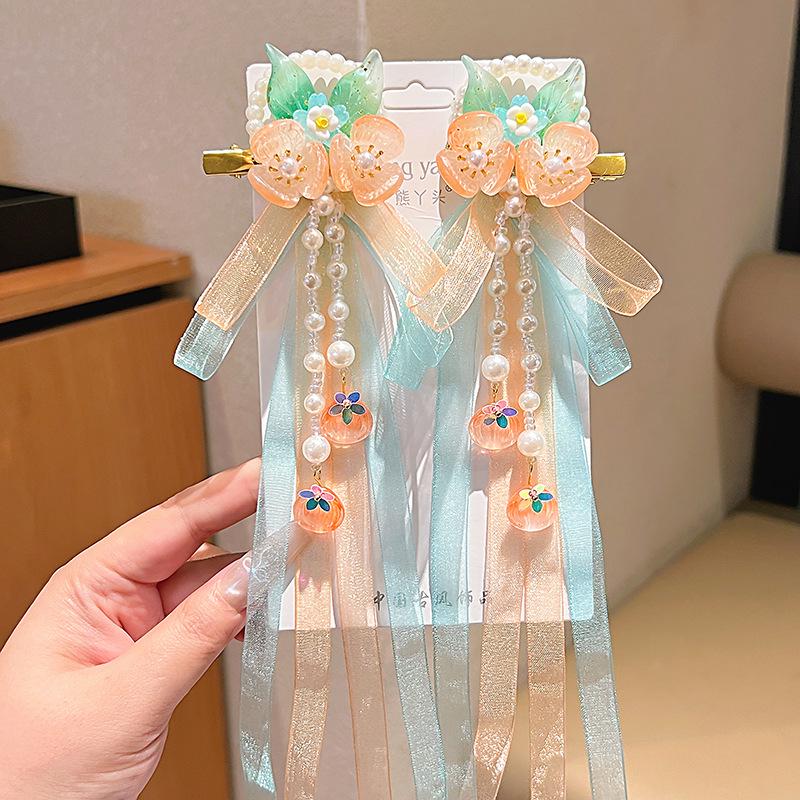 Children s Hanfu Headdress: Fairy Chinese Hair Accessories with Flowing Ribbons, Tassels, and Flowers for Girls Ancient Style Costumes.