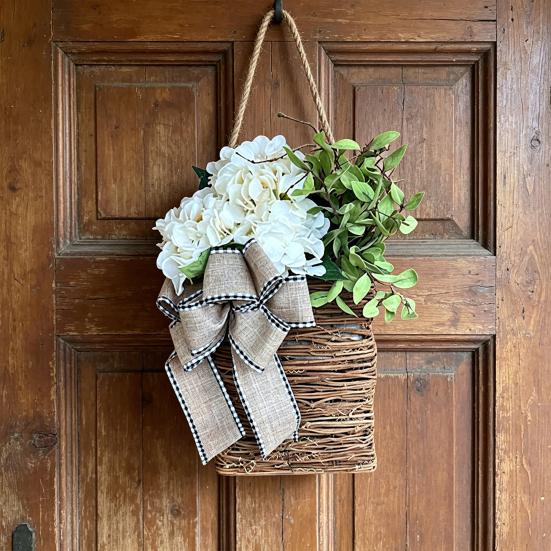 Faux Hydrangea Door Hanger Basket Wreath Spring Summer Artificial Flower in Wicker Basket with Bow Front Door Hanging Flower Basket for Home Farmhouse