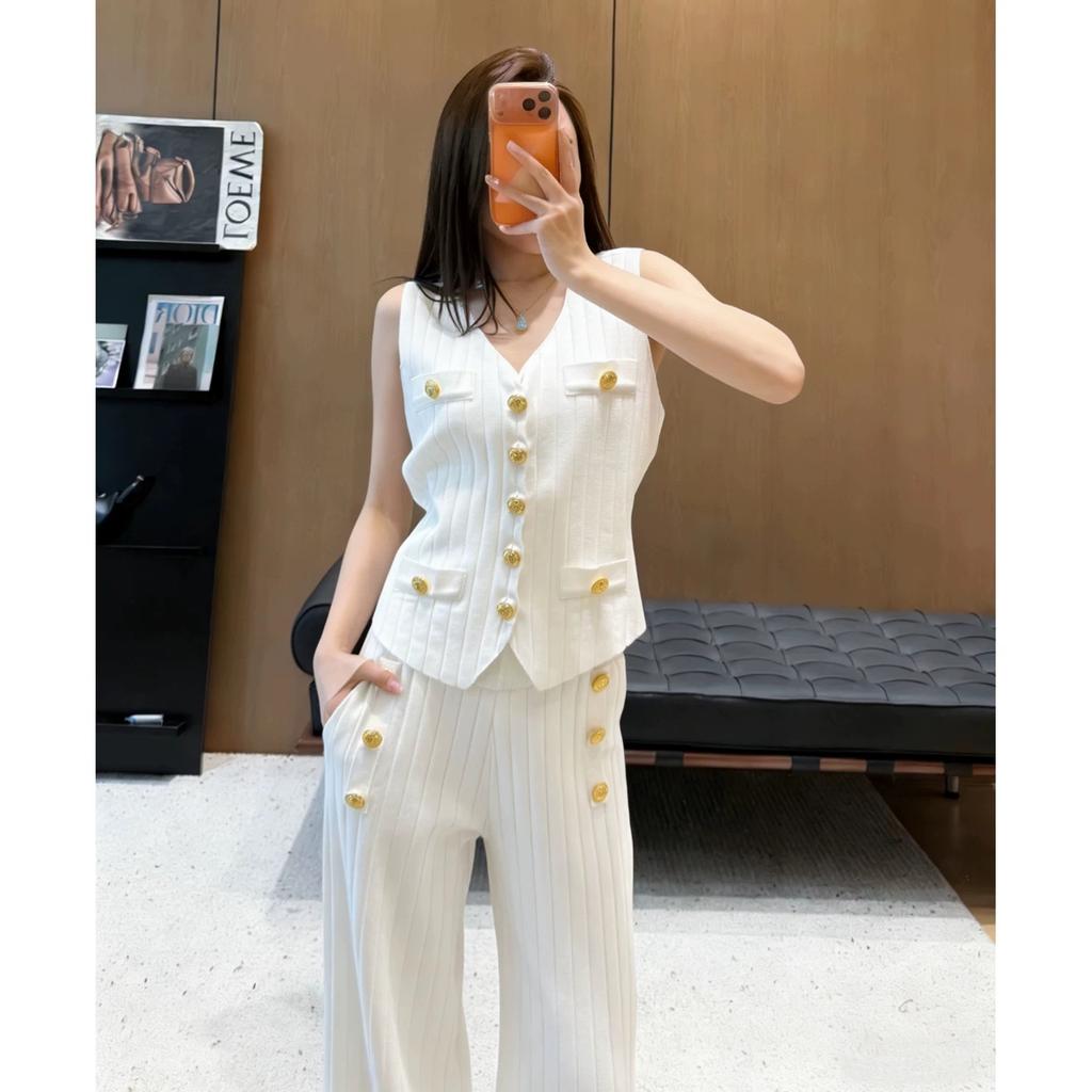 Casual Knitted Sweater Two Piece Sets for Women Metal-button V-neck Sleeveless Fitted Versatile Knit Top and Casual Pants Set
