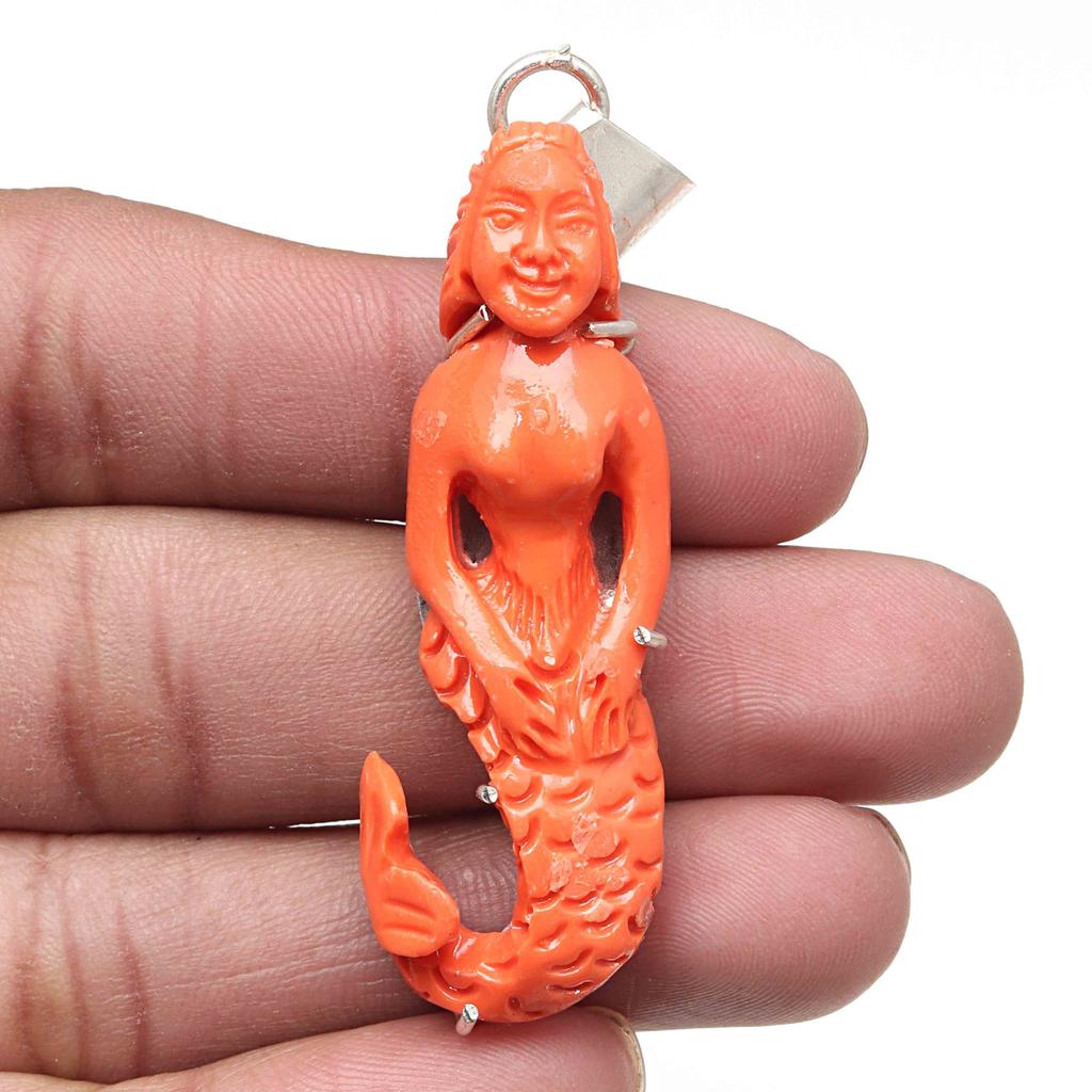 Pendant Red Coral Lady Figher Gemstone Handmade Ethnic Silver Jewelry 2.5"