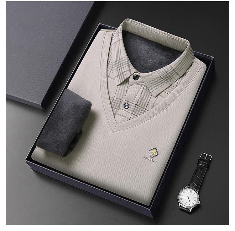 Men's Autumn/Winter Faux Two-Piece Fleece Polo Base Layer Shirt