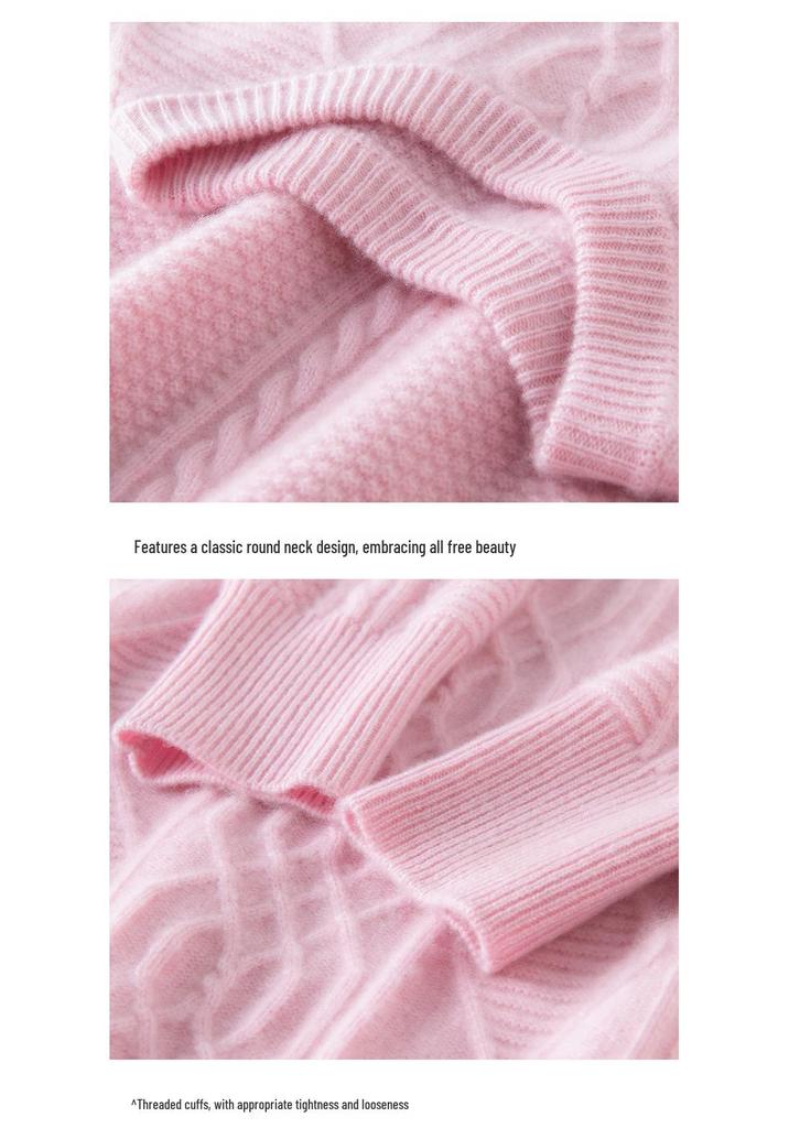 Efterår/Vinter 3D Diamant Flettet Cashmere Sweater - Dame Rund Hals, Langærmet, Ensfarvet, Varm & Komfortabel