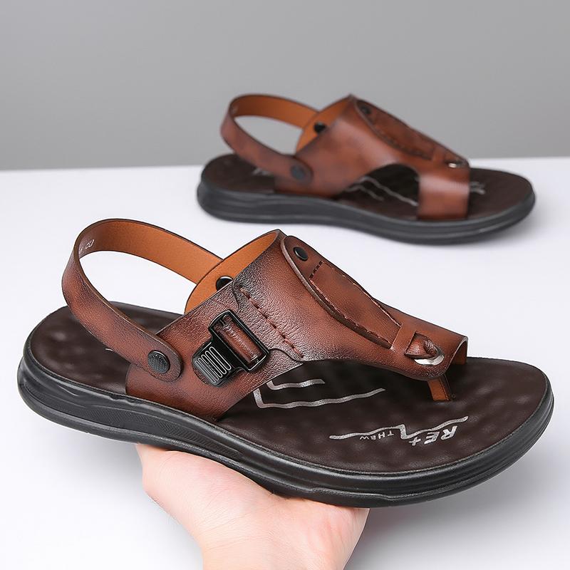 TUINANLE Neue Herren Rutschfeste Ledersandalen Offene Zehen Weiche Sommer Strand Pantoffeln für Herren Outdoor Lässige Bequeme Sandalen