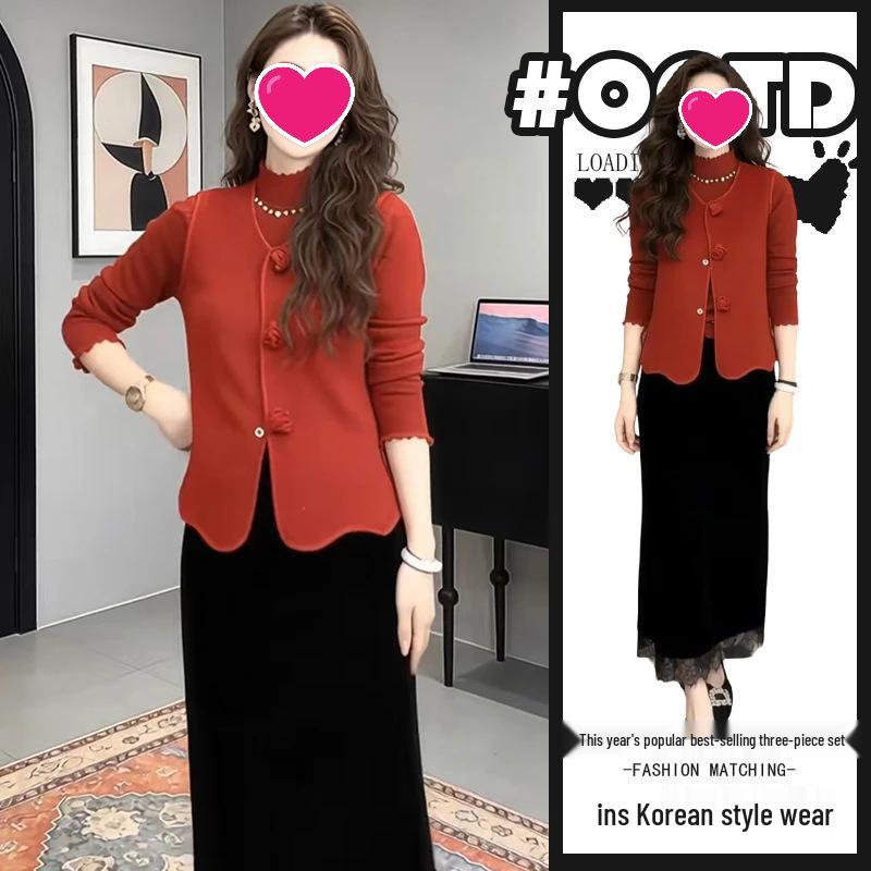 Chic Chinese-Style Three-Piece Set: Red Base Layer, Black Skirt & Slimming Outer Vest S [Recommended 80-95 jin]