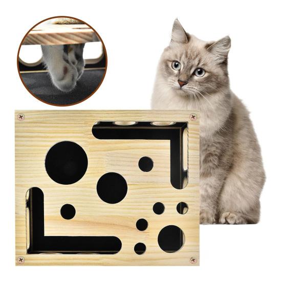 Cat Nail File Box, Wooden Cat Enrichment Box Puzzle Toy, Interactive Cat Scratcher, Nail File Toy Includes Sandpaper for Indoor