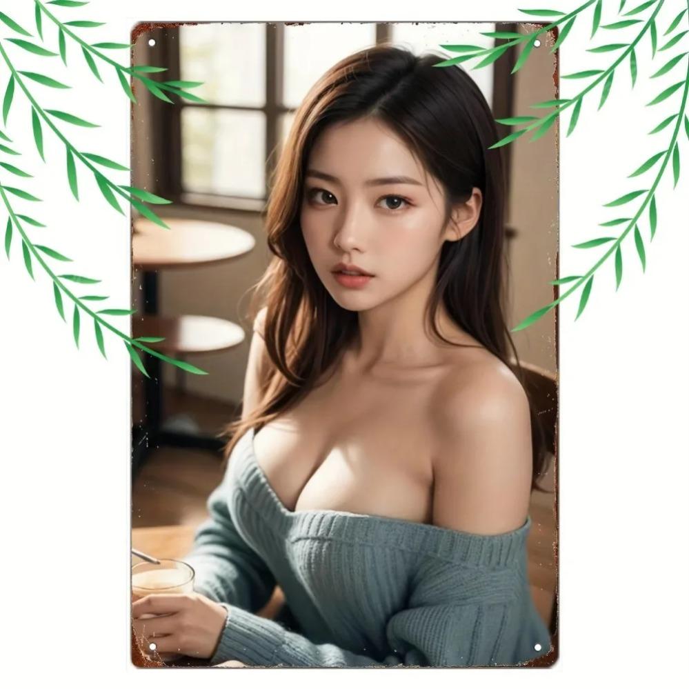 High-Definition Metal Tin Sign Korean Style Cafe Beauty Girl Portrait Retro Wall Art Decor for Home Room Cafe Bar
