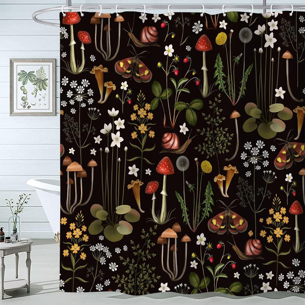 Svamp Skogsdjur Duschdraperi Natur Blommor Växter Grönt Löv Kanin Fjäril Baddraperi Badrumsdekoration med Krokar
