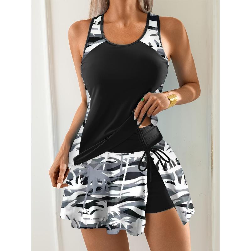 Damen Blau Tankini Badeanzug Konservativ Hohe Taille Badeshorts Blumendruck Rock Überwurf Bescheiden Zweiteiliger Badeanzug