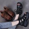 Thick-soled retro soft leather hollowed-out women's sandals 2025 summer muffin bottom middle heel fish mouth lace-up flat-soled sandals women