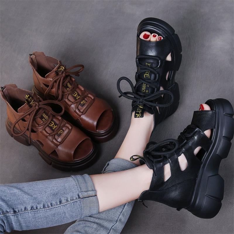 Thick-soled retro soft leather hollowed-out women's sandals 2025 summer muffin bottom middle heel fish mouth lace-up flat-soled sandals women