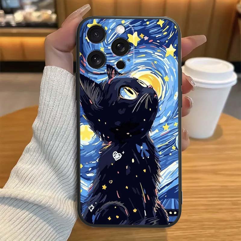

Cute cartoon cat illustration For Apple iPhone 17 16 16E 15 14 13 12 11 Pro Max Plus Black Soft Silicone Phone Case iPhone 12