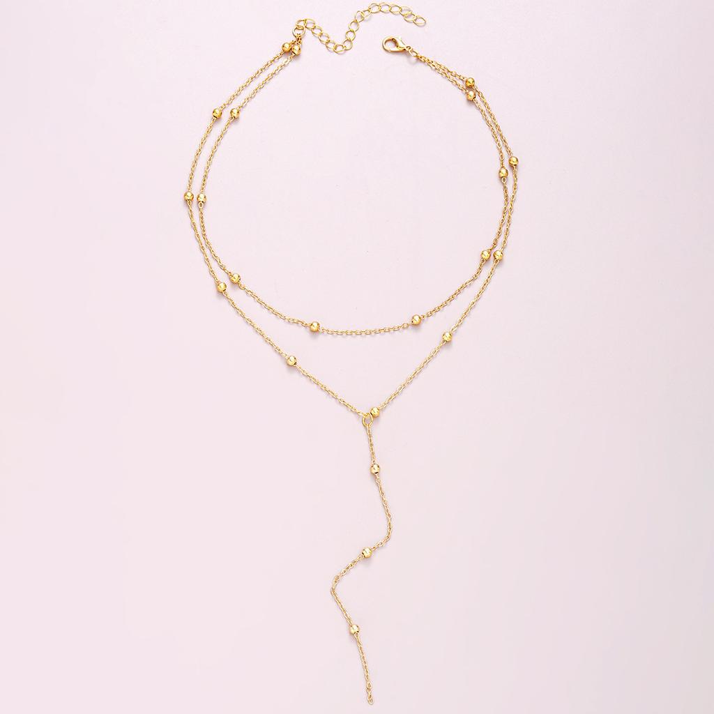 Gold Color Double Layered Long Tassel Chain Necklaces for Women Simple Metal Geometric Bead Choker Necklace Fashion Jewelry