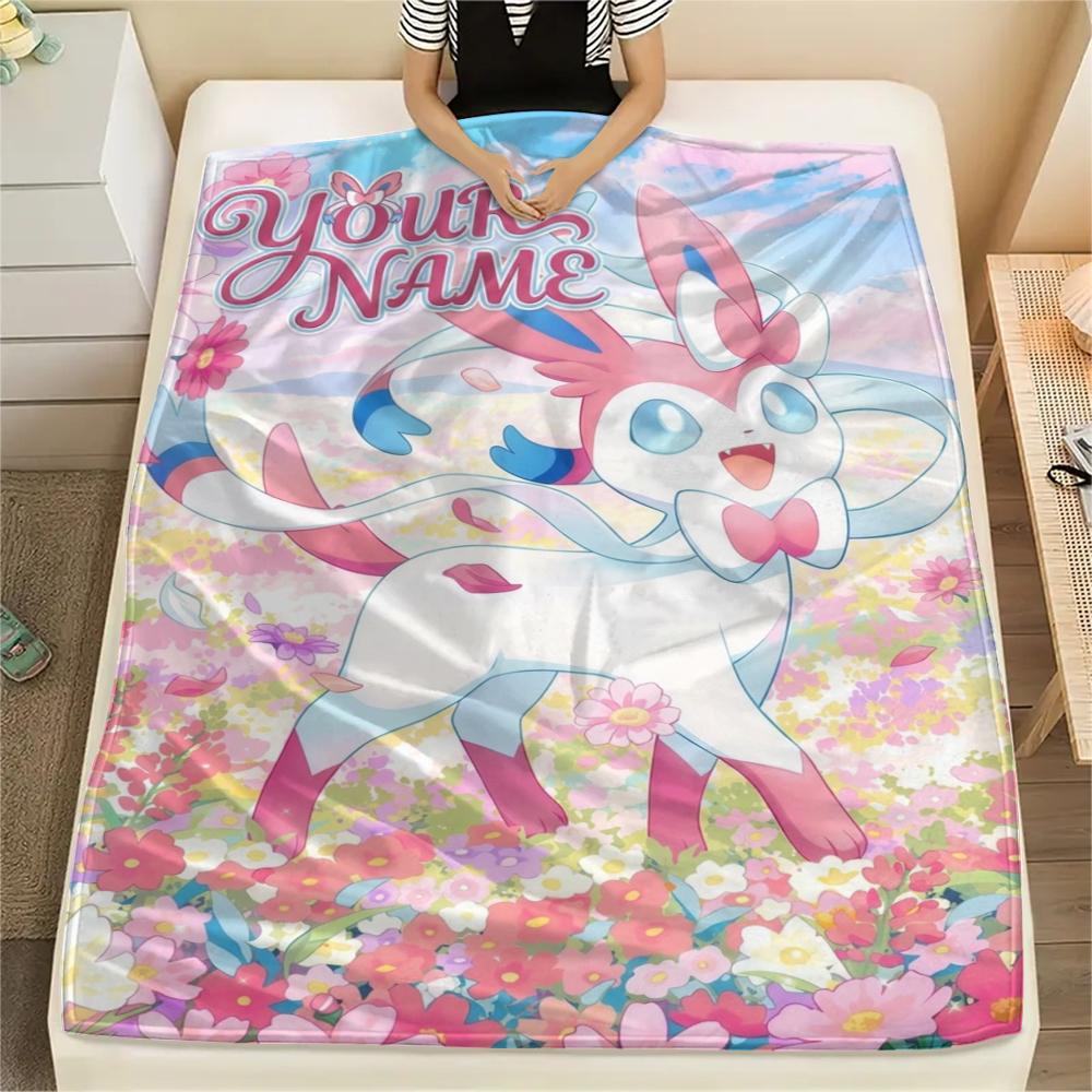 1PC Custom Name Sylveon Patterned Flannel Blanket Suitable For All Seasons for Home Decor Warmth and Comfort Gifts Holiday Present_lx