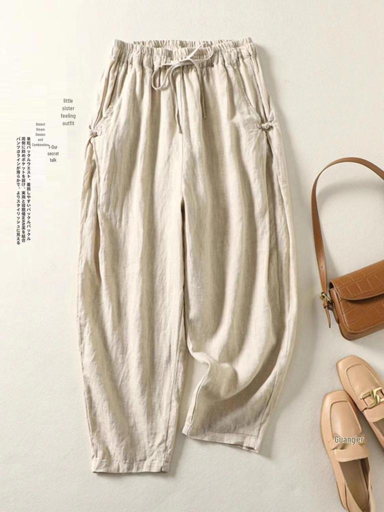 Women's High-Waist Vintage Cotton Harem Pants with Frog Buttons