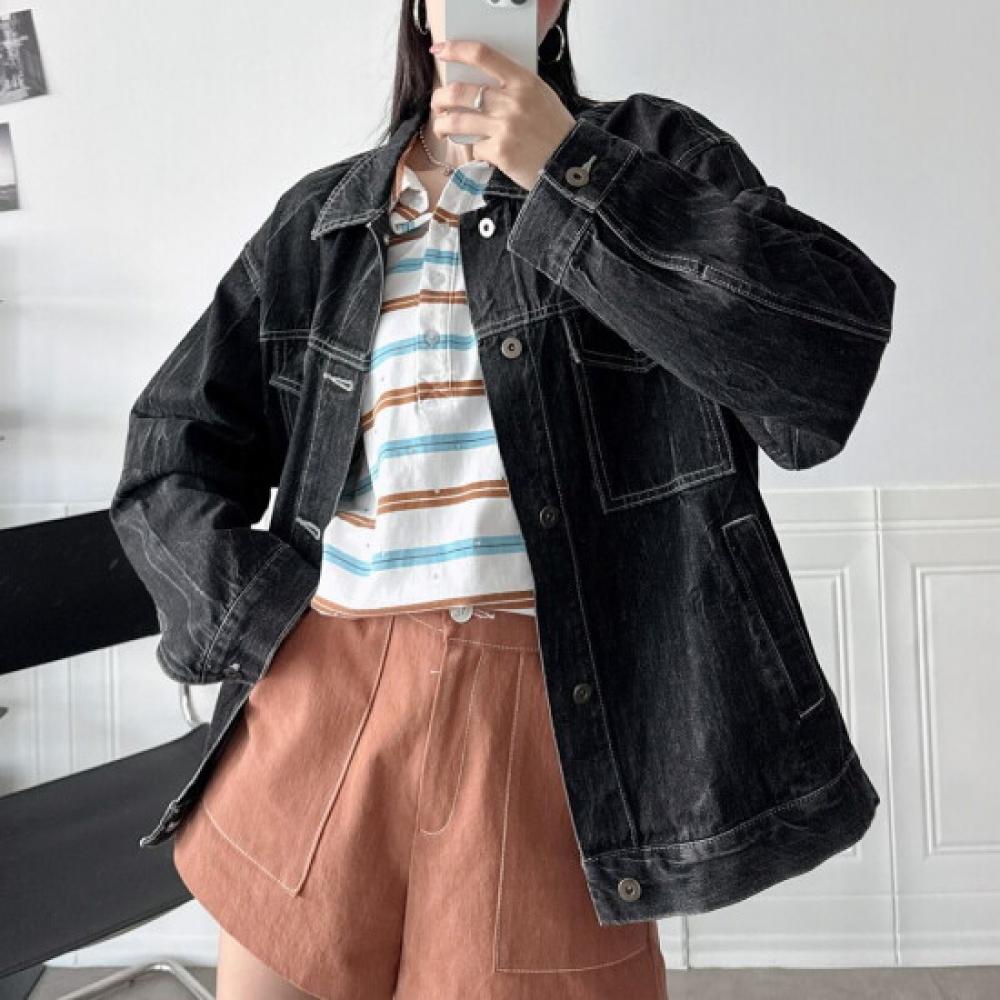 New Arrivals Open Run Women Oversized Black Wash Denim Jacket Nk Orbb 01