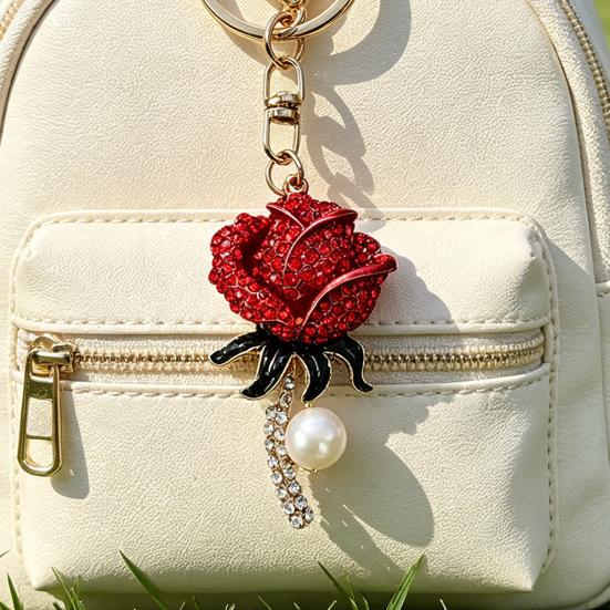Keychain Pendant Sparkling Rhinestones Inlaid Imitation Pearl Rose Design Key Chain Lightweight Car Bag Decorative Accessory