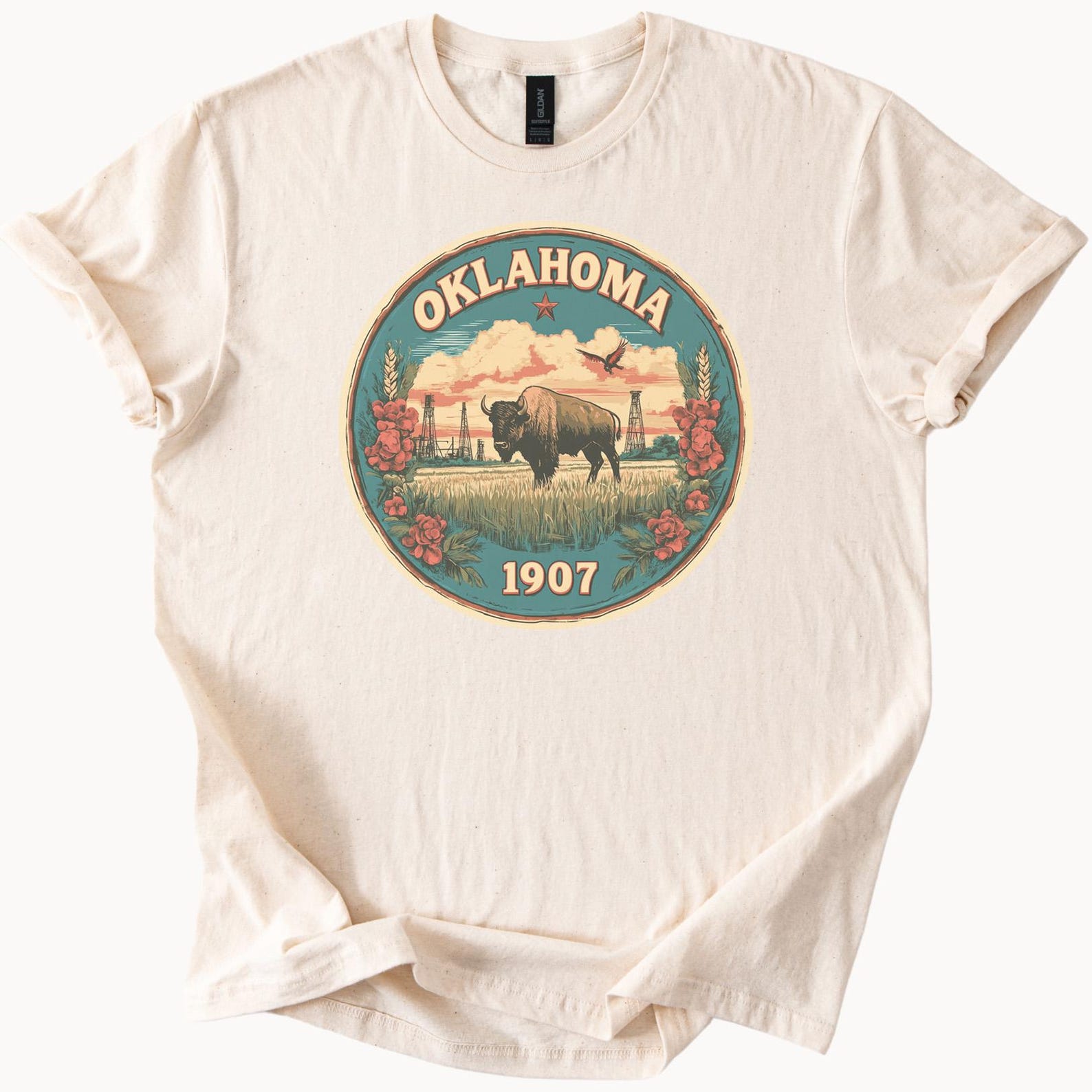 Oklahoma State Bison Graphic T Shirt Buffalo Wildlife Prairie Flowers Oklahoma 1907 Souvenir Oil Rig Nature Scene Gift Tee 100