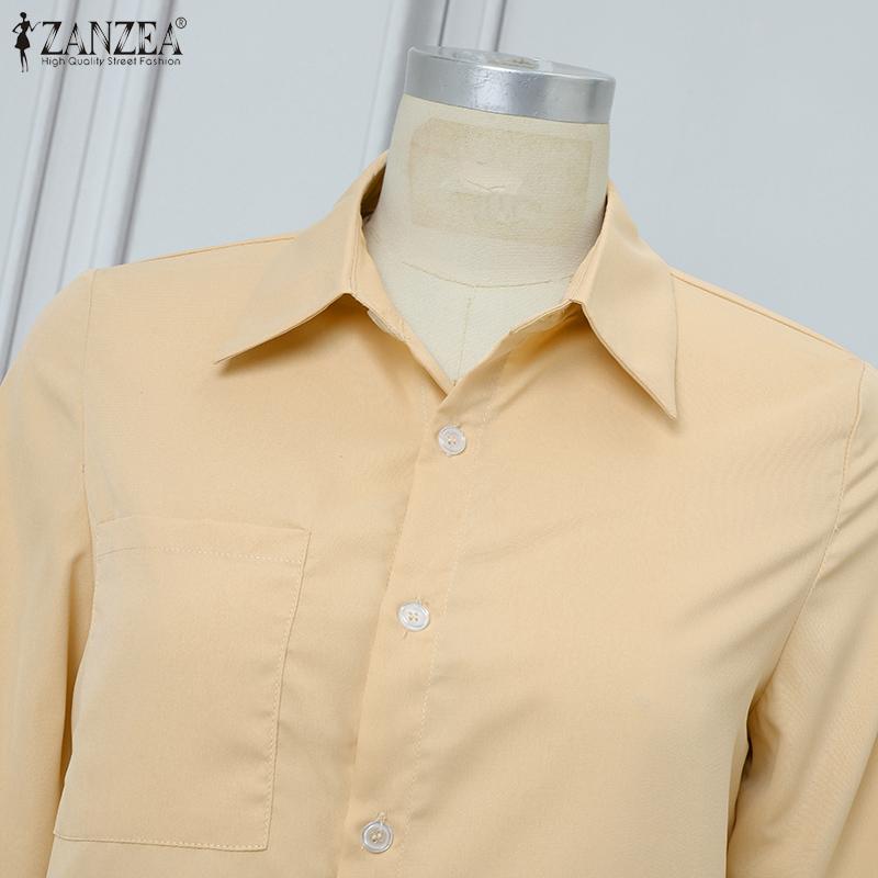 ZANZEA Women Casual Turn Down Collar Solid Color 3/4 Sleeve Loose Blouse