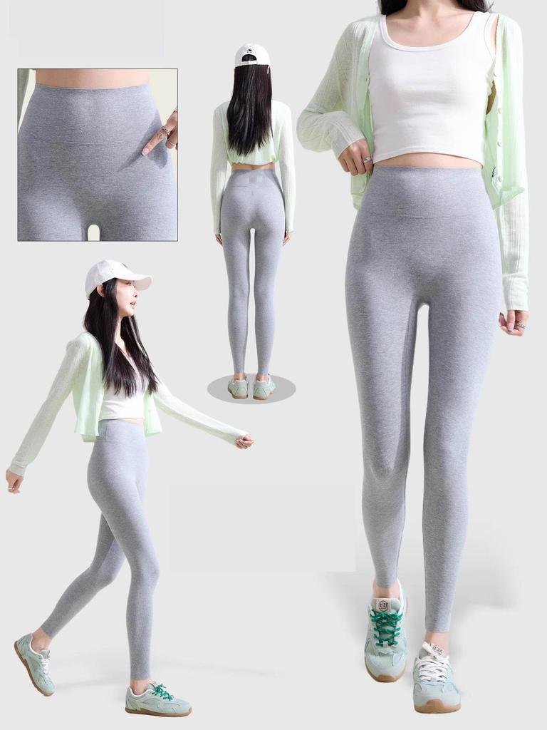 Women's Solid Color Ribbed Modal Cotton Yoga Leggings - Breathable, High Elastic, 9-Point Length for Spring and Autumn.