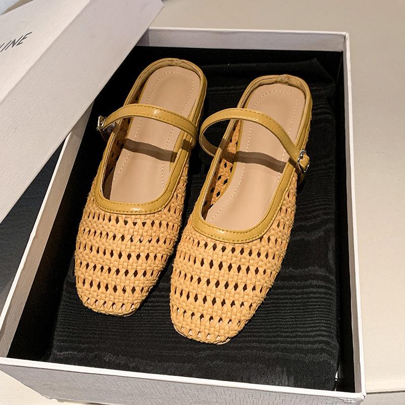 Super Versatile~ Retro Square Head Woven Hollow Bag Head Half-tray Shoes for Women To Wear One-word with Thick Heel Muller Cool Slippers
