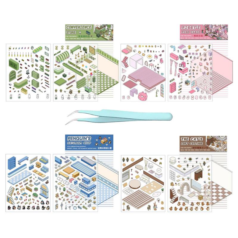 Make Your Own House Stickers | 3D Effect House Scene Decals | Set of 4 Stickers Scenes for Kids Adults Cartoon Scrapbook Decals