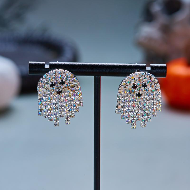 2Pcs Cute Halloween Ghost Stud Earrings Ab Crystal Encrusted Crystal Sparkling Quality Jewelry Gift For Women Girls Fashion