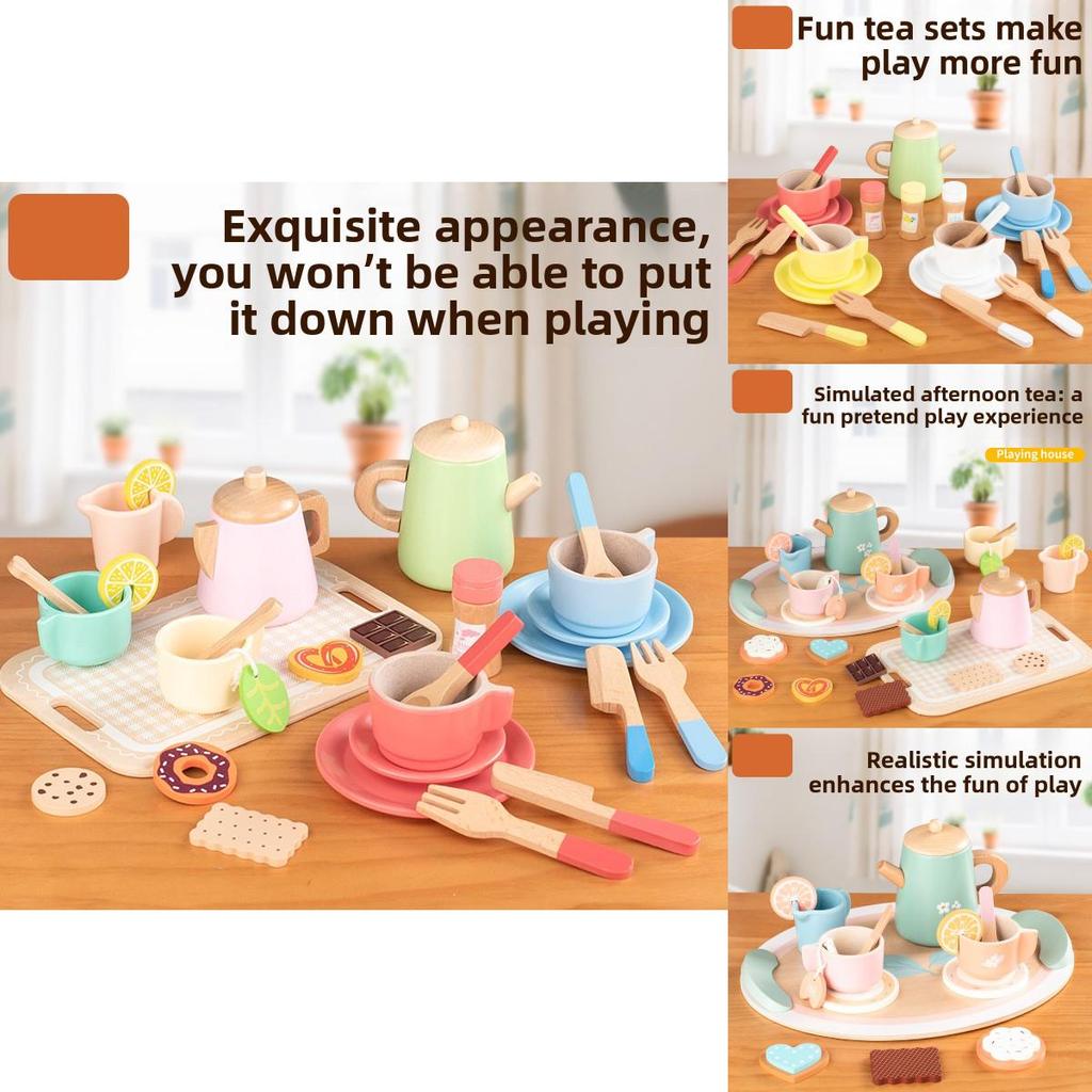 Wooden Afternoon Tea Cookies Cups Tableware Set Children Toys For Imaginative Pretend Play