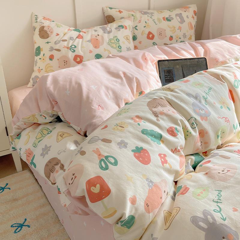 100% Pure Cotton Bed Four-piece Set Skin-friendly Water Wash Bed Sheet Quilt Cover Pillowcase Set