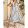 2026 Womens Striped Ruffle Short Sleeve Dress Color Block V Neck A Line Casual
