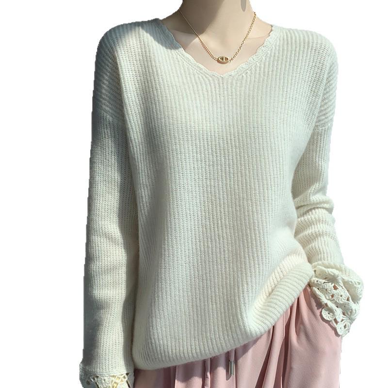Women's Black V-Neck Pure Wool Base Layer Top - Hollow Out Long Sleeve, Spring/Summer Knitwear, Stylish High-End Feel Sweater.
