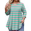 Ladies Stripe Print Plus Size 3/4 Sleeve Rounded Hem Round Neck Fashion Top