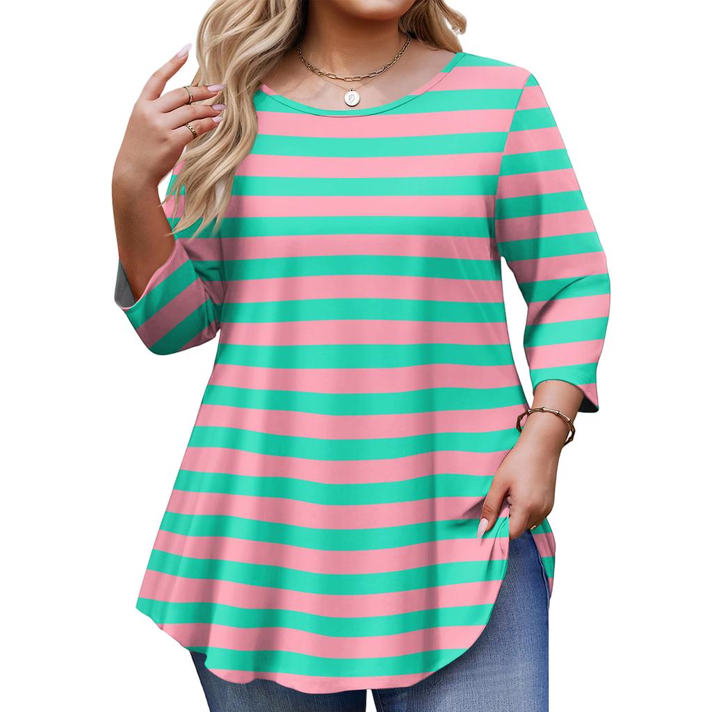 Ladies Stripe Print Plus Size 3/4 Sleeve Rounded Hem Round Neck Fashion Top