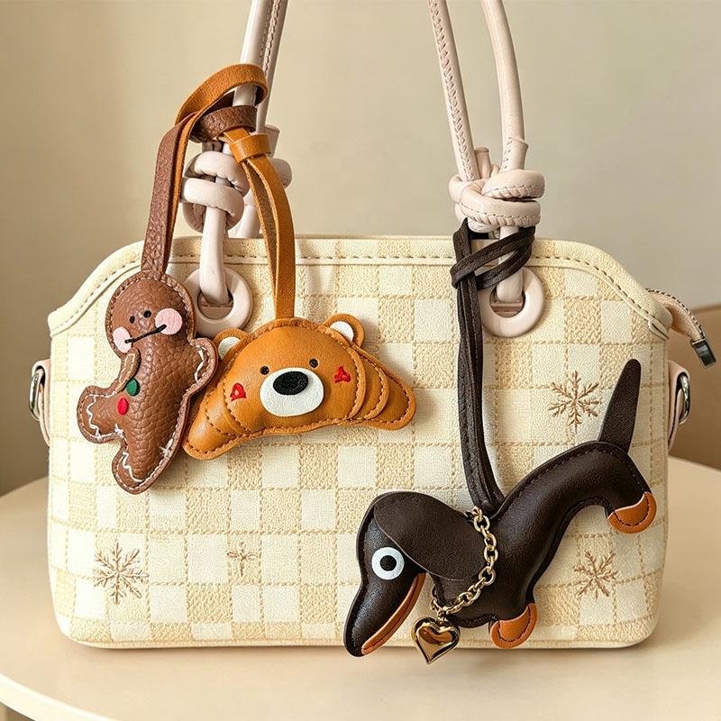 Pu Leather Stuffed Dachshund With Collar of Gold Heart Shape Pendent WIth Long Strap Puppy Pendent for Bag Charms Accessories