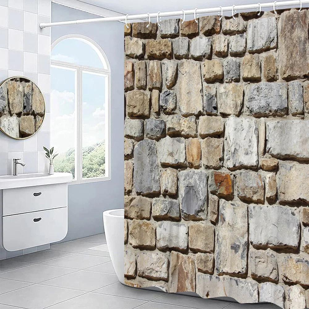 3D Stone Wall Shower Curtain Vintage Old Bathroom Curtain Rustic Rural Bathroom Decor with Hooks Polyester Fabric Washable Cloth