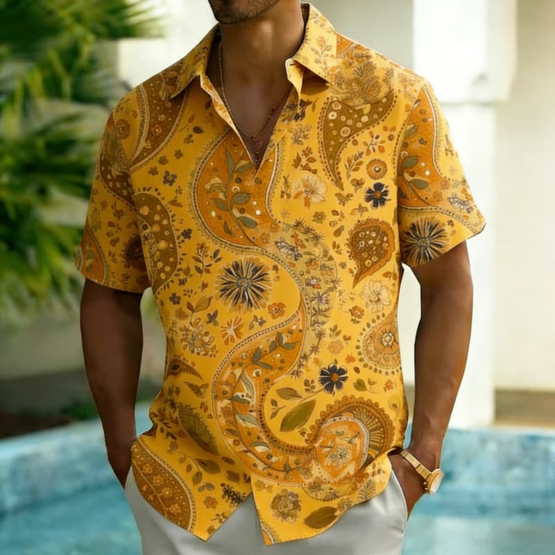 Men's Fashion Paisley Print Short Sleeve Button Down Shirt Trendy Summer Style For Vacation Party Gathering Daily Commute