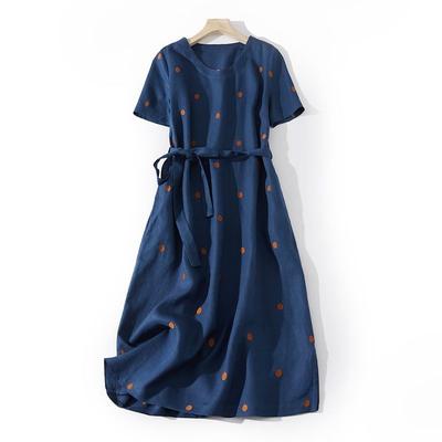 Summer Cotton and Linen Printed Literary Polka Dot Small Mid-length Dress with Waist Strap To Slimming Short-sleeved Skirt