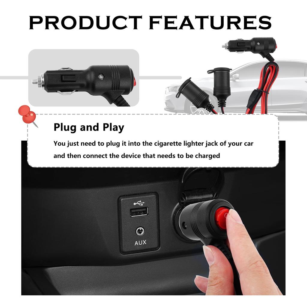 3ft Cigarette Lighter Splitter with Switch Air Inflator Car Vacuum Cigarette Lighter Extension