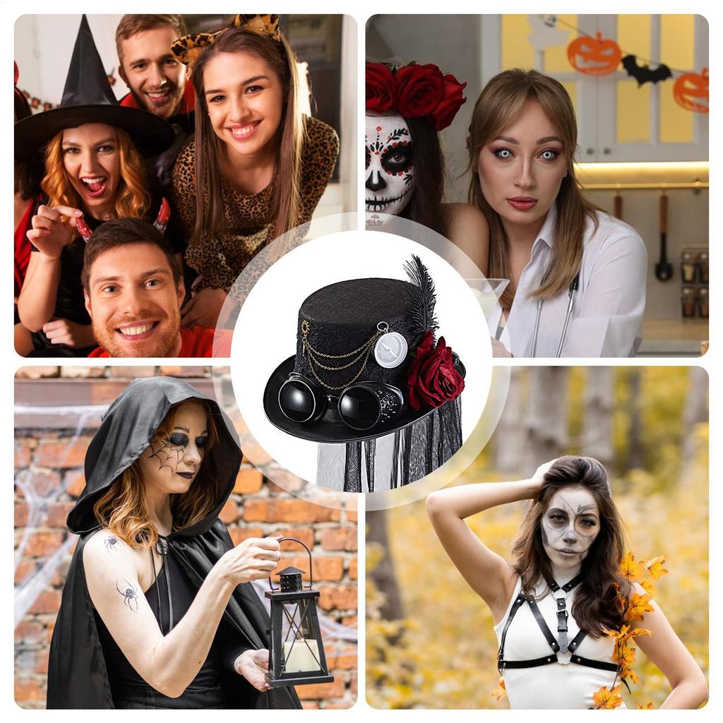 Gothic Hat Costume Top Hat Costume Headgear with Rose Removable Goggles Chain for Men Movie Props Cosplay Halloween Party