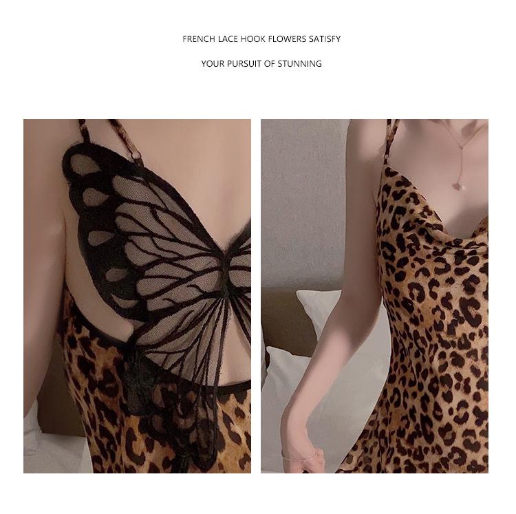 Leopard Print See-Through Nightgown: Sexy Butterfly Spaghetti Strap Loungewear Set for Women