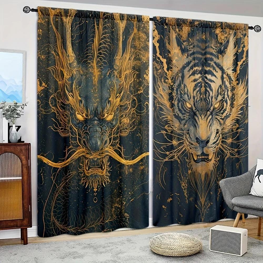 Set Of 2 Golden Dragon Tiger Vivid Curtains Polyester Window Drapes Festival Home Decor Curtain With Rod Pocket Light Blocking