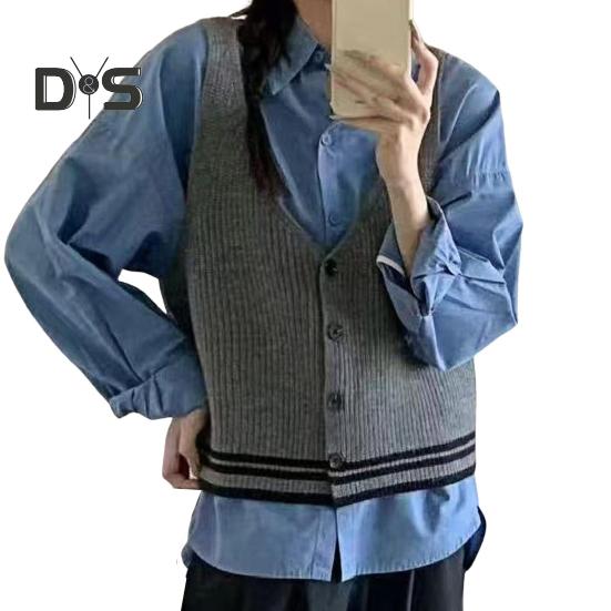 Women Sling Vest Slim Fit V-Neck Sleeveless Top with Striped Pattern Single Breasted Knitted Sweater Daily Wear