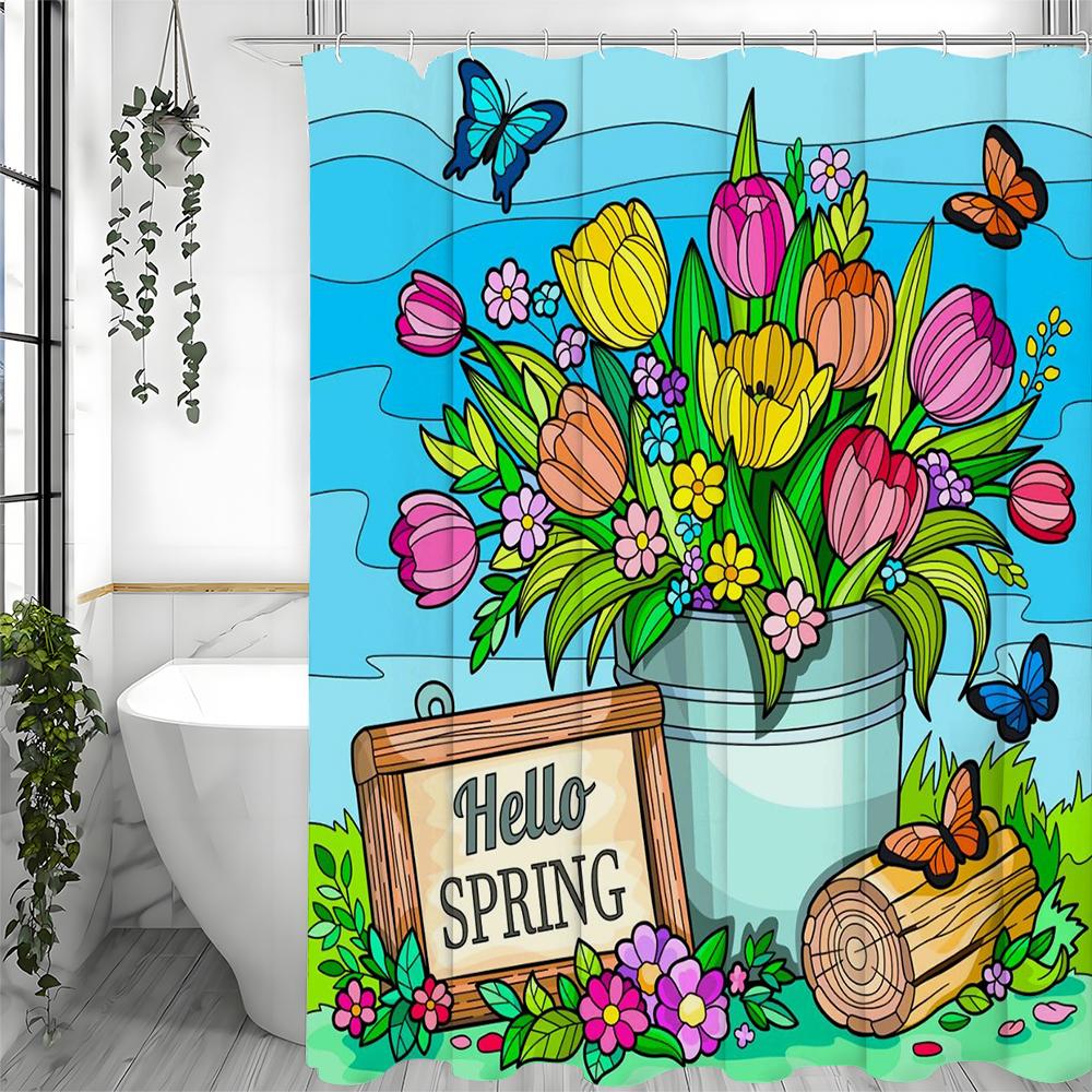 

Весенний Цветок Бабочка Шторка для душа, Декоративная шторка для душа для ванной комнаты, Водонепроницаемая шторка для душа с крючками 90*180cm