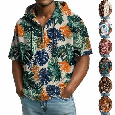 Men's Casual Hooded Zipper Neck Sweatshirt Short Sleeve Top