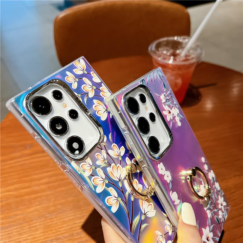 Capa de suporte de telefone Bling Raser Ring para Samsung S23 FE S24 A35 A55 A12 A25 A54 A14 A34 S22 Ultra Flower Leaf Plating Cover