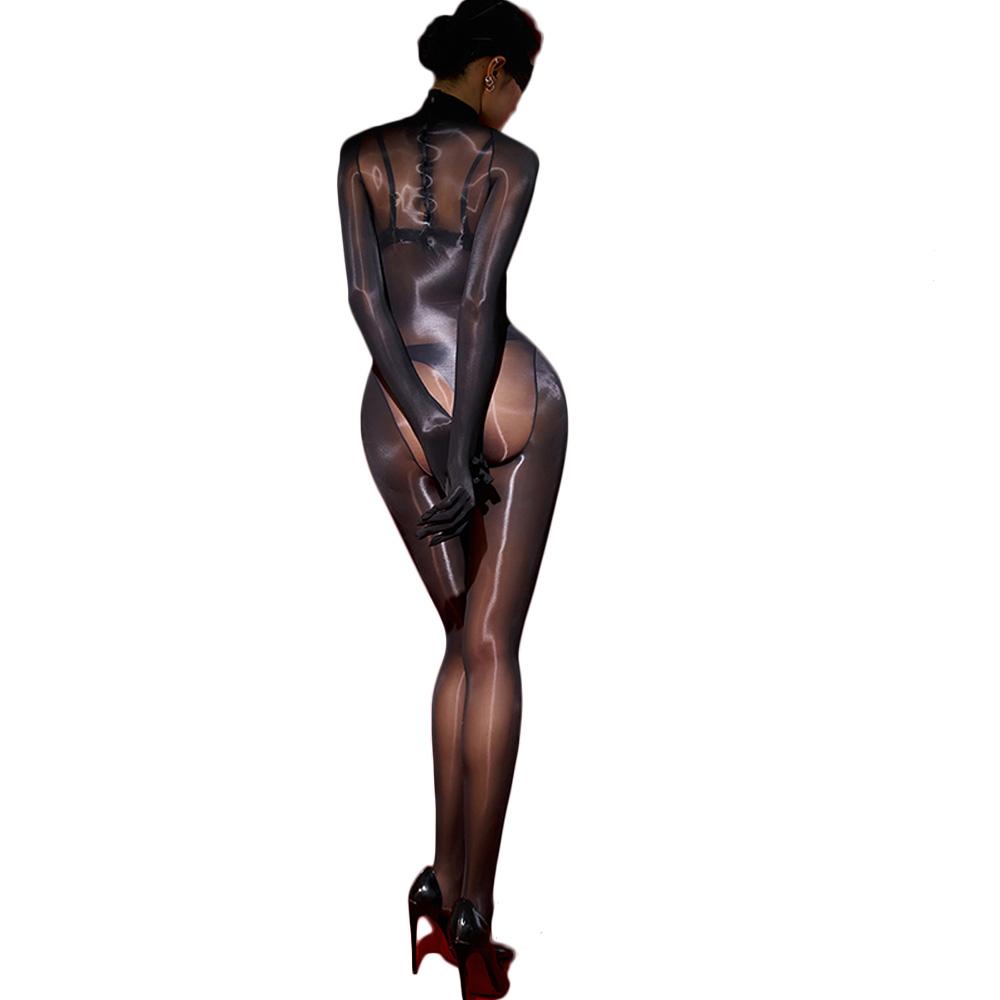 Sexy Women Cosplay Maid Tights 8D Oil Glossy Elastic Bodysuit Rompers One-Piece Thong Satin Five Finger Gloves Jumpsuits Leotard