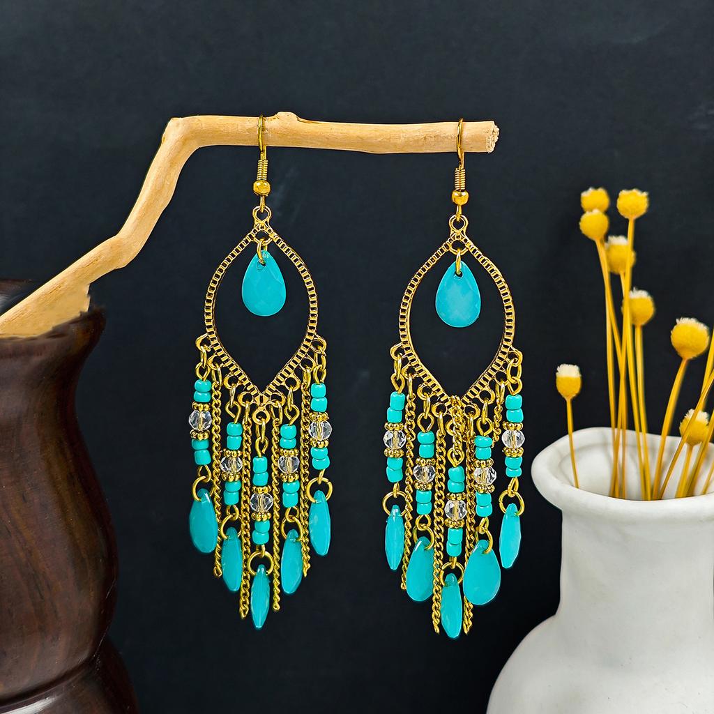 Turquoise Earrings, Bohemian Palm Owl Bronze Engraved Geometric Dream Catcher Feathers Fringed Earrings