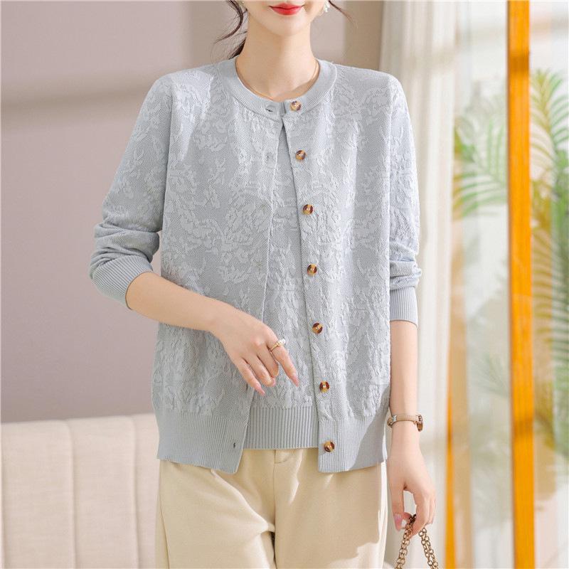 

Mother s Spring Knit Cardigan Set: 2025 New Style Short-Sleeved Top for Middle-Aged and Elderly Women M синій