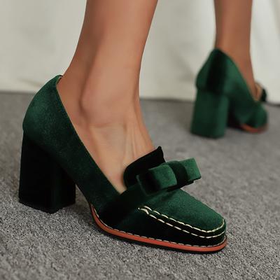 Matière Velours Mat Bout Carré Coutures Décoratives Décalque Nœud Escarpins pour Femmes Talon Très Haut Épais Élégantes Chaussures Nobles