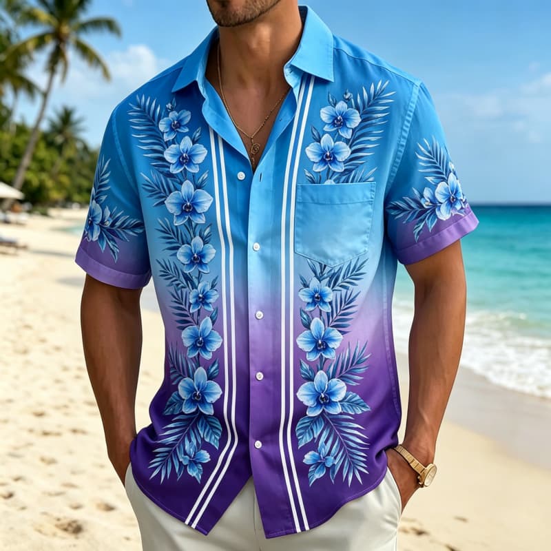 Gradient Tropical Flowers And Minimalist Printed Short Sleeved Shirt With pockets, For Summer Beach Vacations And Daily Travel